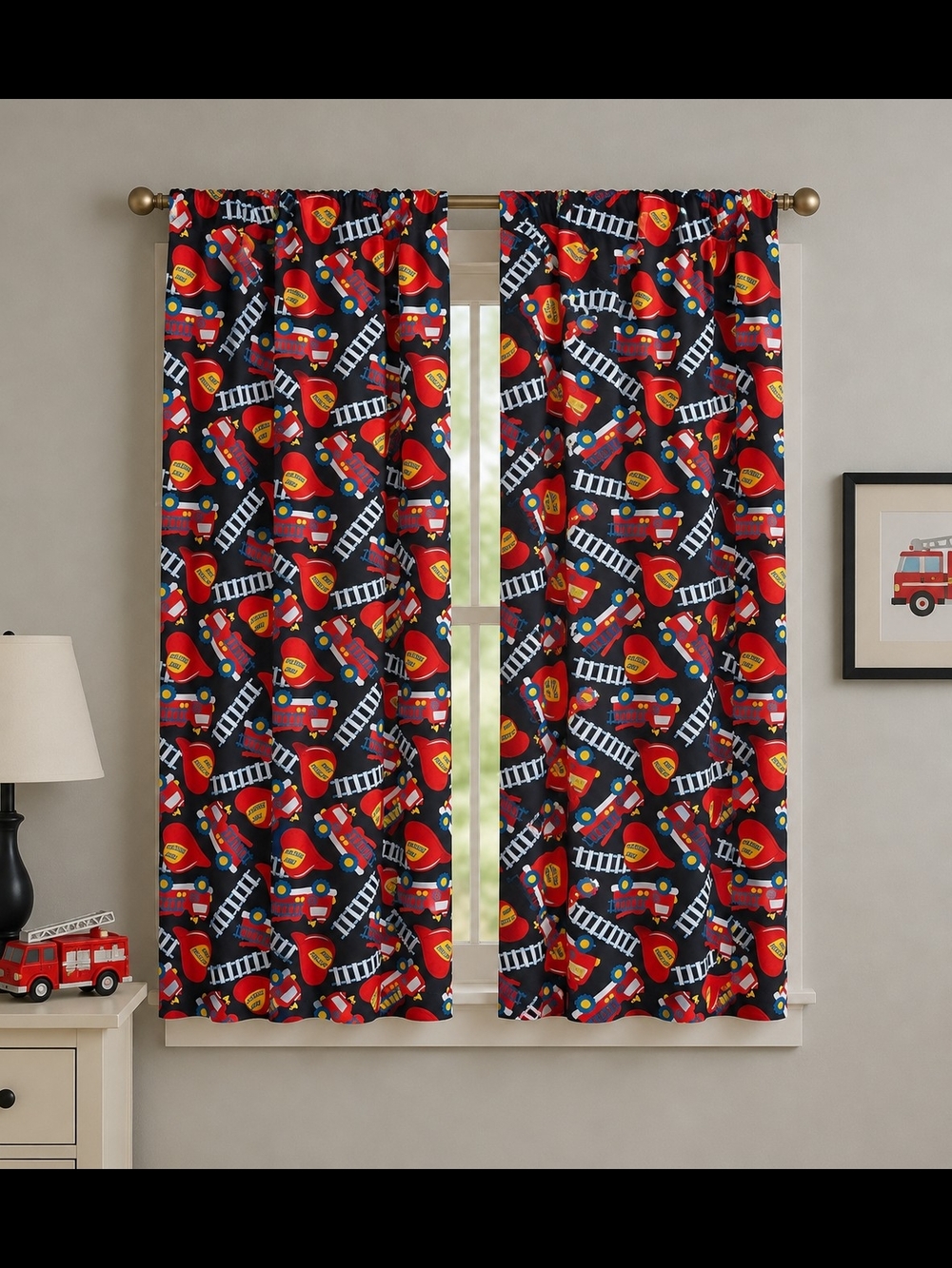 Fire Truck Kids Black and Red Curtain Panels
